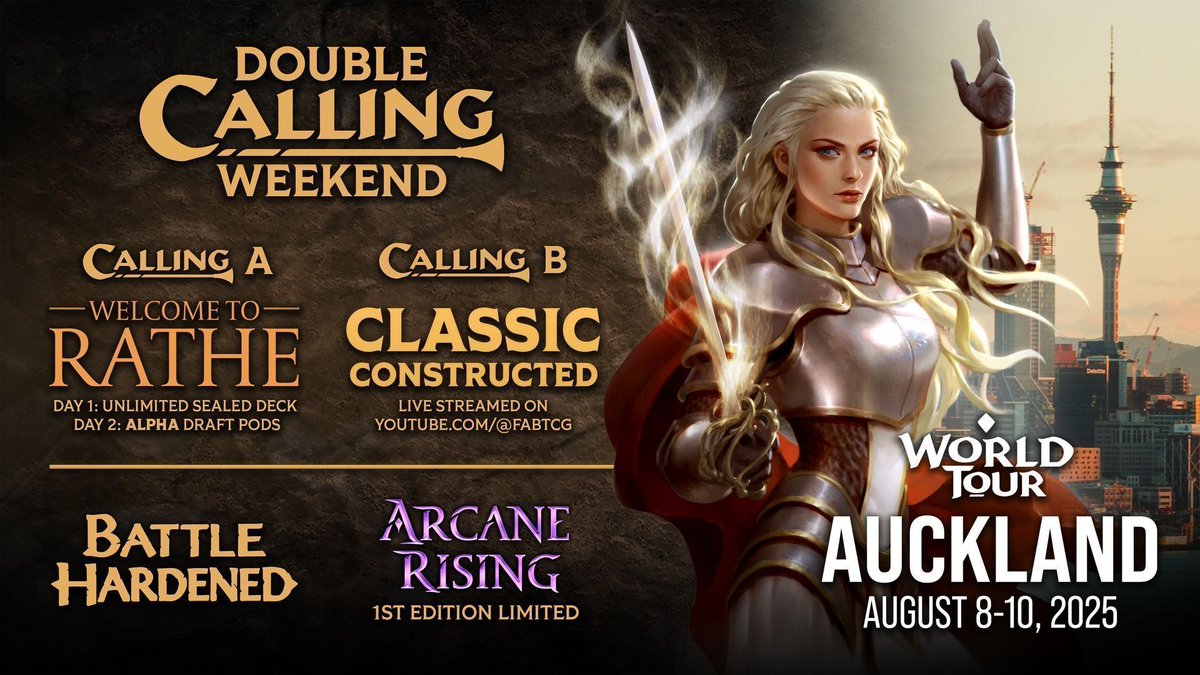 fabtcg's tweet image. Ahoy, heroes! World Tour: Auckland sets course for New Zealand - the legendary birthplace of Flesh and Blood! ⚓
⚔️ Calling A - Welcome to Rathe
💥 Calling B - Classic Constructed
🔥 Battle Hardened - Arcane Rising 1st Edition - Limited
✨ Plunder pirate booty in the Treasure…