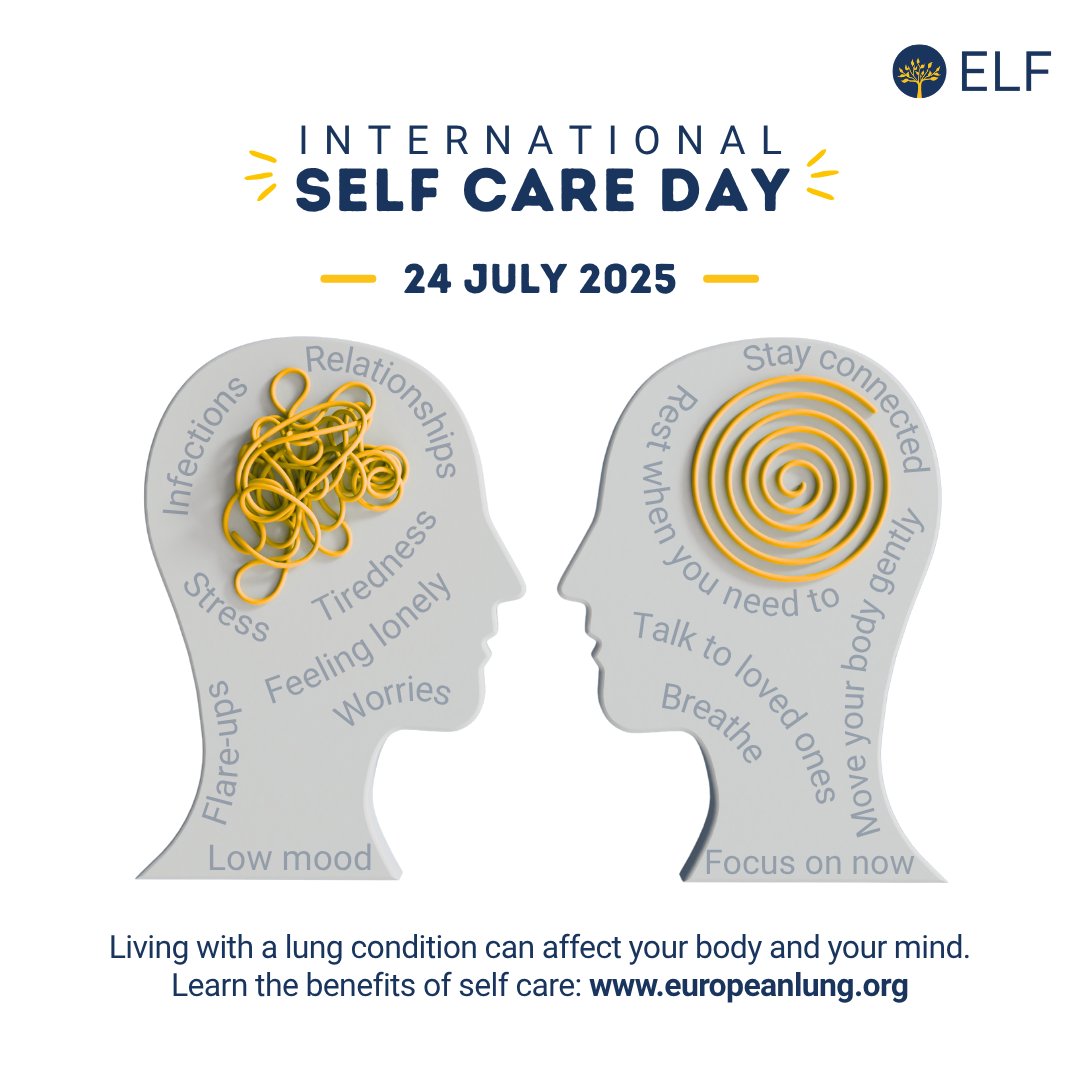 EuropeanLung's tweet image. 💙 Today is #InternationalSelfCareDay 💛
Living with or caring for someone with a lung condition can affect your mental health. There are many ways that you can look after your mental wellbeing, and self-care is a good first step.
🔗Read more: ow.ly/LKAx50WtMyb