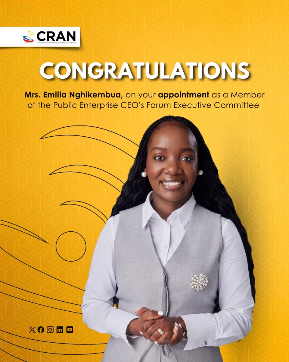 Congratulations to Mrs. Emilia Nghikembua on her appointment to the Public Enterprise CEO's Forum Executive Committee! 

Her leadership will drive excellence in public enterprise governance. Well deserved! 👏

#Leadership #PublicEnterprise #CRANamibia
