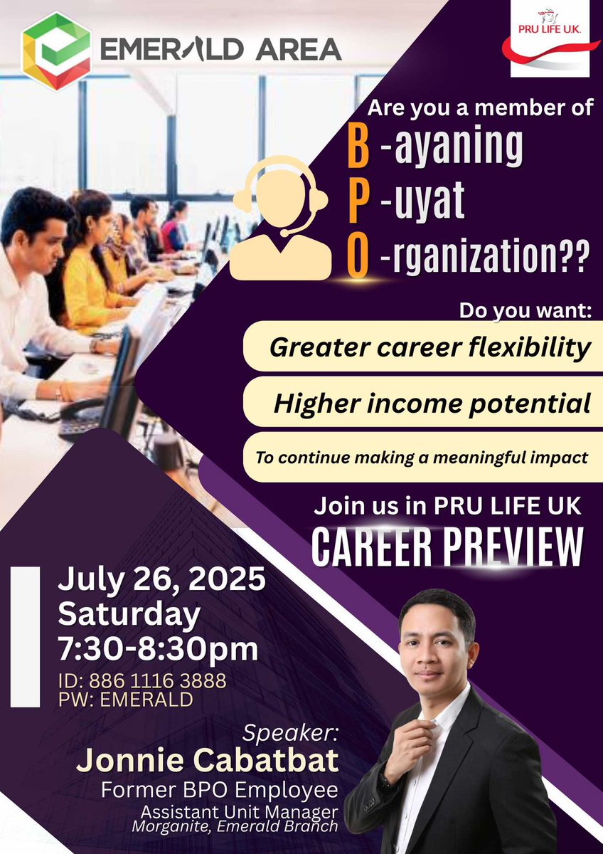 jonnie_cabatbat's tweet image. You might want to explore career opportunities. Tara, join us.🥰

#JoinPru
#ManFromThePru
#PRUbinsyanongAdvisor