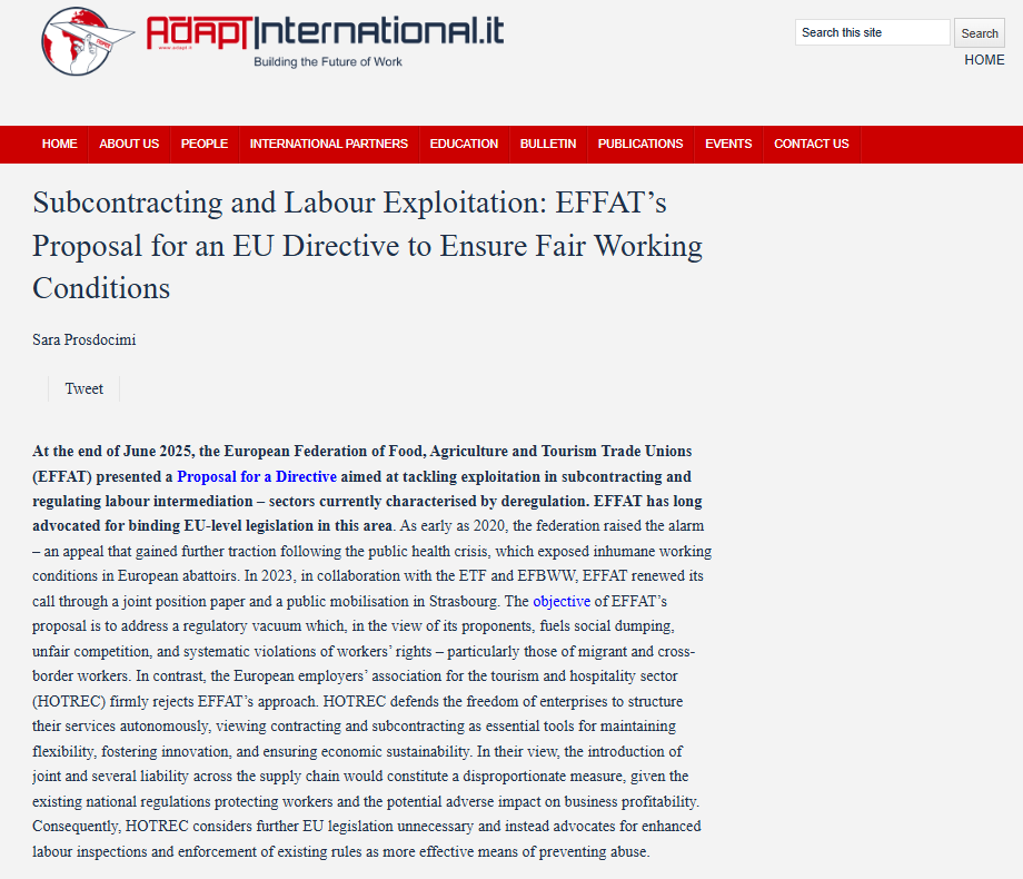 Sara Prosdocimi (@prosdocimisara) on Twitter photo In issue 14/2025 of #ADAPTInternational Bulletin, check out my piece on #subcontracting and #labourexploitation: EFFATās proposal for an EU Directive to guarantee fair working conditions.
ā”ļøBulletin: a8b1b7.mailupclient.com/frontend/Landiā¦
ā”ļøArticle: englishbulletin.adapt.it/subcontracting⦠In issue 14/2025 of #ADAPTInternational Bulletin, check out my piece on #subcontracting and #labourexploitation: EFFATās proposal for an EU Directive to guarantee fair working conditions.
ā”ļøBulletin: a8b1b7.mailupclient.com/frontend/Landiā¦
ā”ļøArticle: englishbulletin.adapt.it/subcontractingā¦