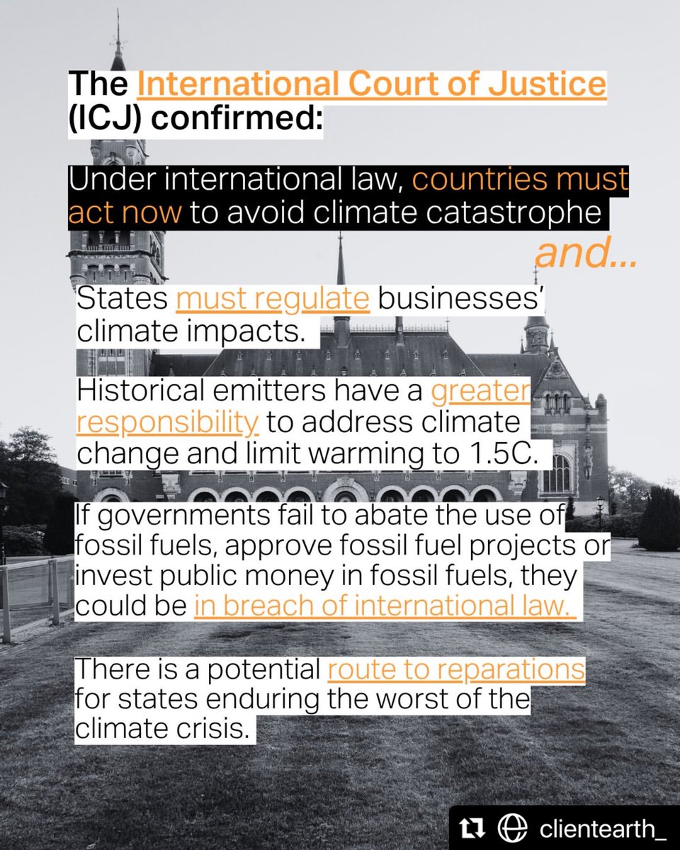 Chriss35's tweet photo. Today the International Court of Justice (ICJ) confirmed that, under international law, countries MUST act now to avoid climate catastrophe.
Via @ClientEarth 
#ICJ #AOLETSGO @wy4cj #climatecrisis #climatejustice https://t.co/sdCmHjgBTP