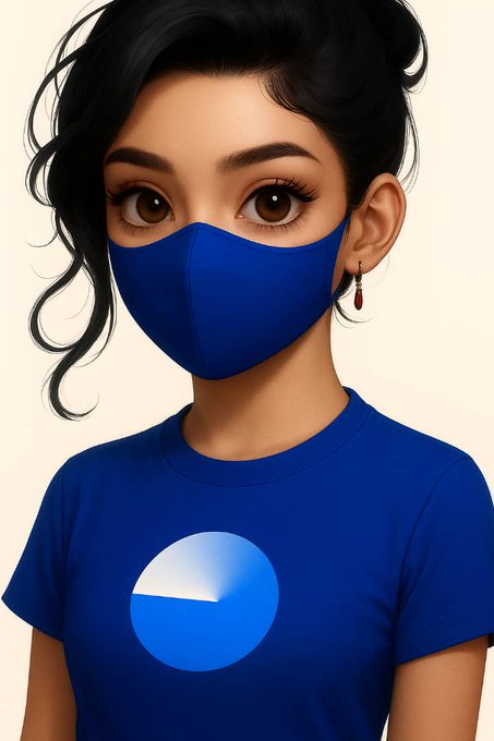 Kim of Web3 in a blue mask and shirt with a circular logo, representing her entry into the Base ecosystem