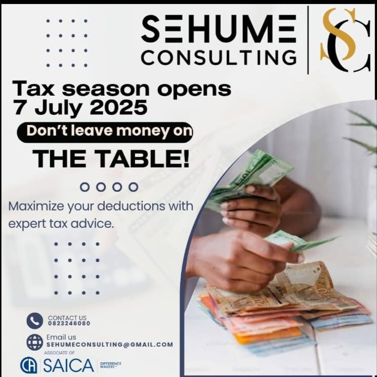 LeeMpaki's tweet image. Tax season is here (from 7 July 2025), and we’ve got you covered.
Whether you’re filing as an individual or running a business, let Sehume Consulting take the stress off your shoulders.
✨ We help you:
• File accurately
• Stay SARS-compliant
• Maximise your deductions
📧…