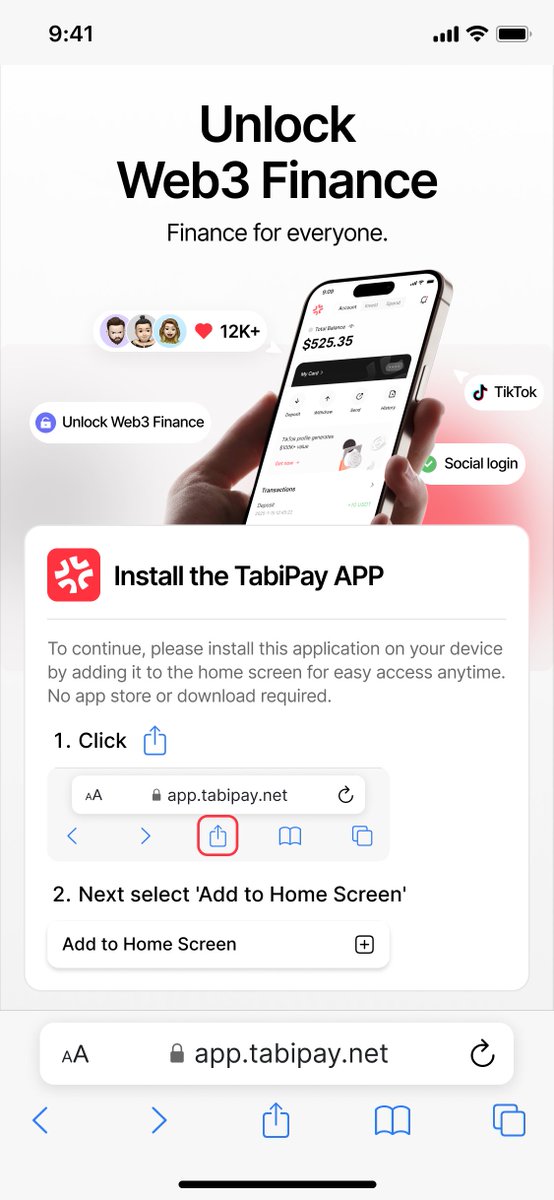 TabiPayHQ's tweet image. No app store or download required.
Just one-click to add TabiPay to your Home Screen.