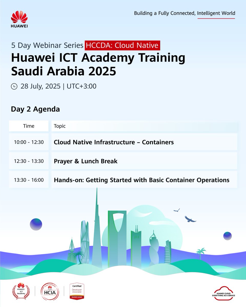 HuaweiCloudME's tweet image. 🎓Tune in for day 2 of the Huawei Cloud Certified Developer Associate (HCCDA) - Cloud Native webinar series!

See the agenda below and join here: tinyurl.com/huawei-summer-…

#HuaweiCloud #TechTraining #CloudDeveloper #CloudNative
