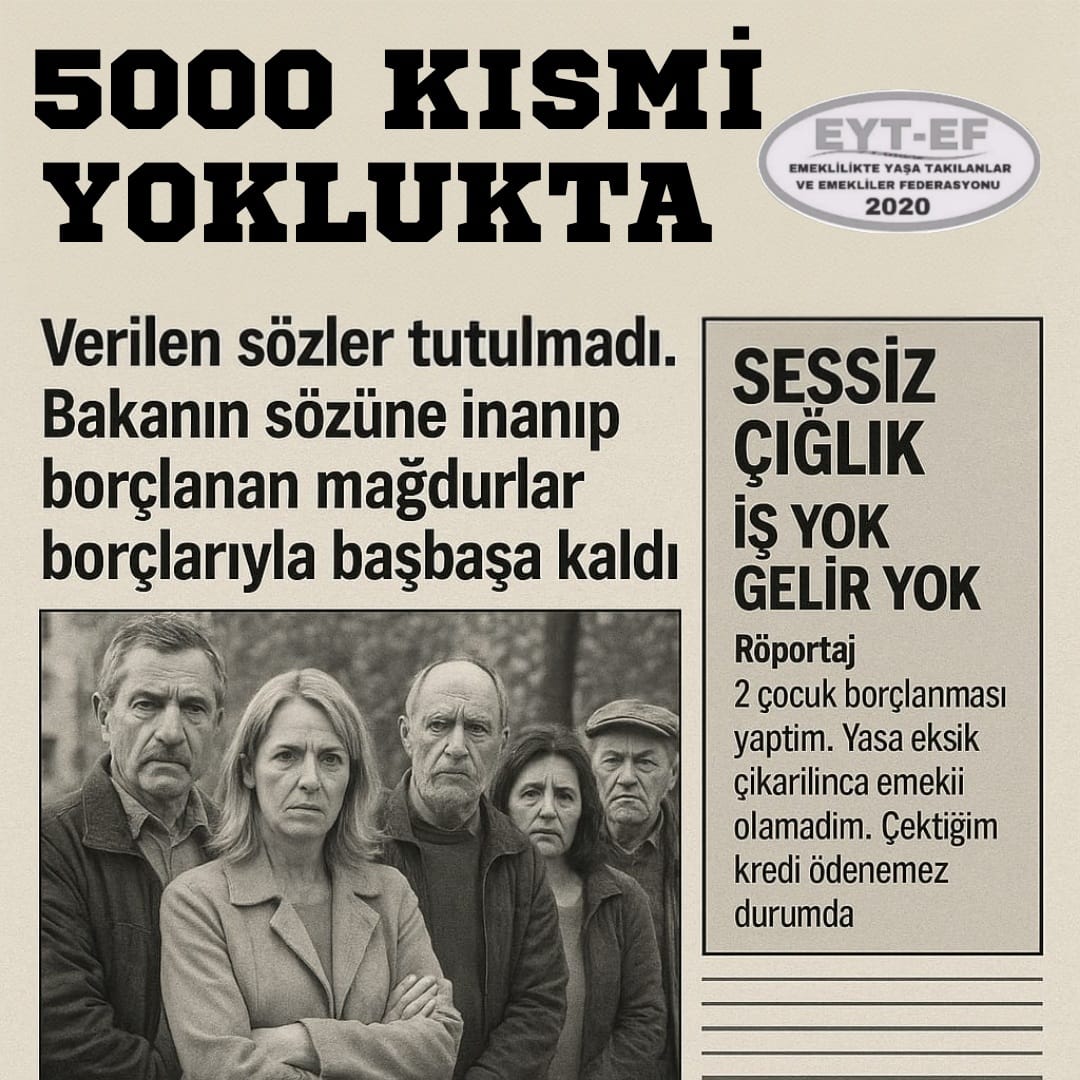 2.TAG
👇
#5000KısmiYoklukta

26 yıldır haklarına el konulan,
5000 Prim ve Kısmi Emeklilik
Mağdurları ;

Açlık ve yokluk içinde !

Vekiller tatil beldelerinde keyifte,
#EYT liler yaşam mücadelesinde !

#VekilYazlıktaEmekliYoklukta
<a href="/RTErdogan/">Recep Tayyip Erdoğan</a>
<a href="/isikhanvedat/">Prof. Dr. Vedat Işıkhan</a>
<a href="/_cevdetyilmaz/">Cevdet Yılmaz</a>
<a href="/TBMMresmi/">TBMM</a>