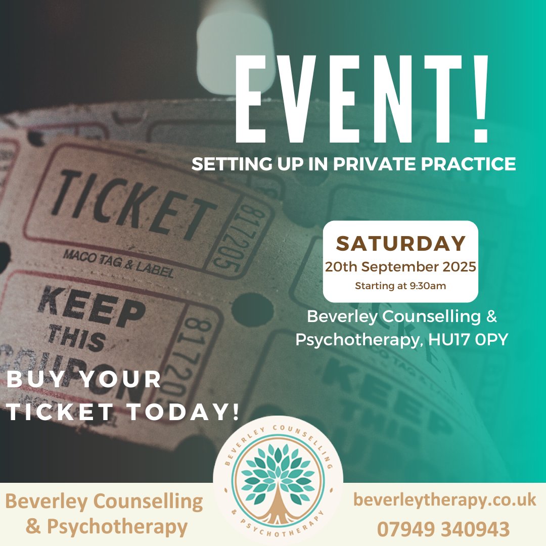 BeverleyTherapy's tweet photo. 📣 Date confirmed!
Our Setting Up in Private Practice training event is happening on Saturday 20th September.

🎟️ Tickets available now:
https://t.co/3w5JWEi6Fz

Spaces are limited - book early to secure yours!

#TherapistTraining #PrivatePracticeSetup #CPDforCounsellors https://t.co/8DZzBzUj4B