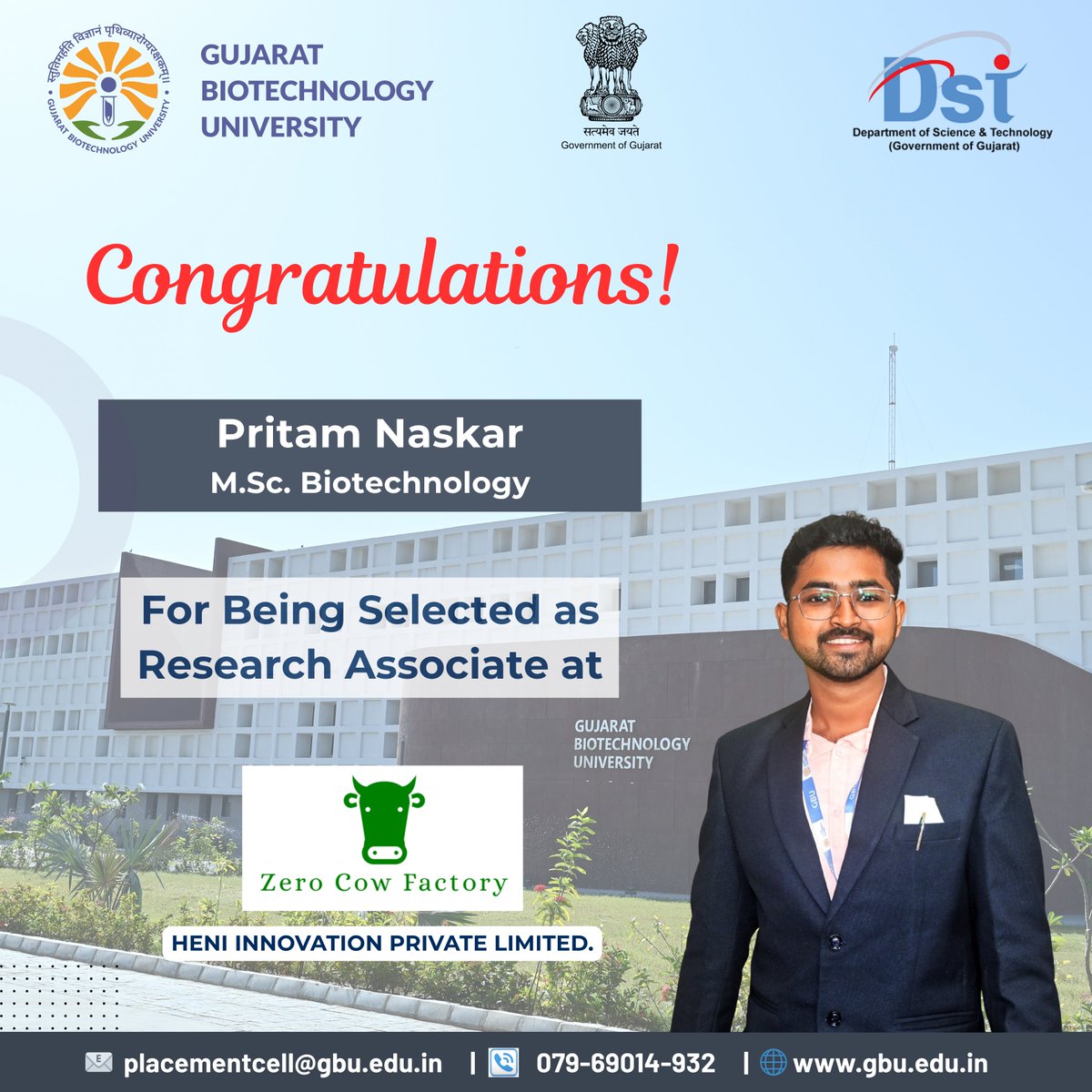 GujBiotechUni's tweet photo. We are proud to share that Pritam Naskar, a student of https://t.co/EiSZXZQhox. Biotechnology at GBU, has been selected as a Research Associate at Zero Cow Factory (HENI Innovation Private Limited).
#PrecisionFermentation #AnimalFreeDairy #PlacementSuccess #BiotechCareers https://t.co/tzRKKbjf1j