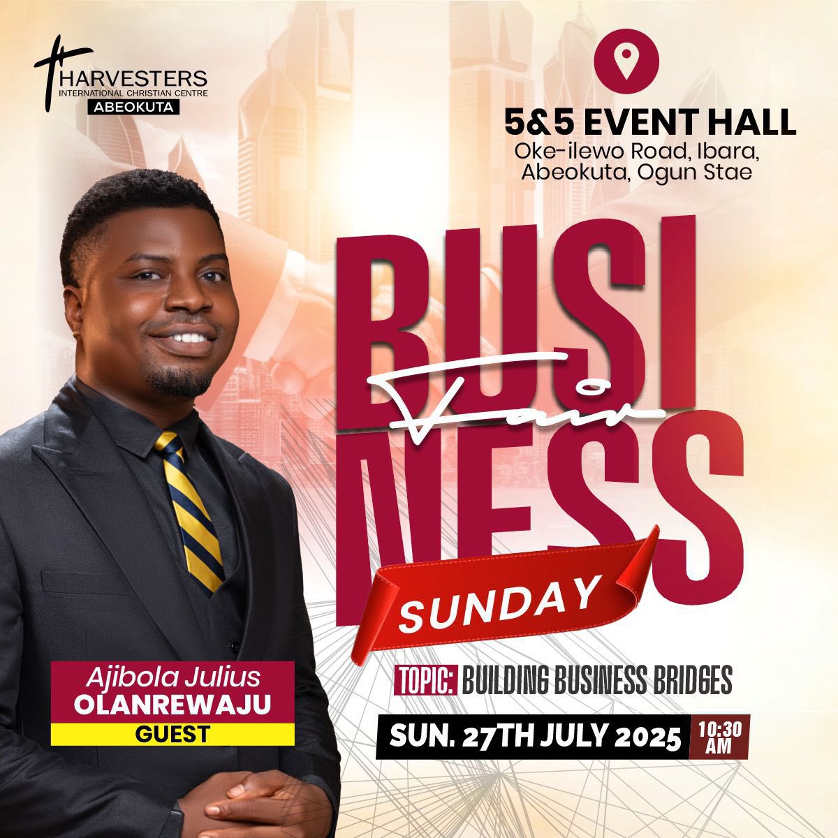 ajibolaJO's tweet image. What a Great Opportunity! 

Join me this Sunday at Harvester International Christian Centre, Abeokuta.

For a powerful Business Fair tagged ‘Building Business Bridges!’ We’ll explore how to connect vision with value, faith with strategy, and purpose with profit.

#Business