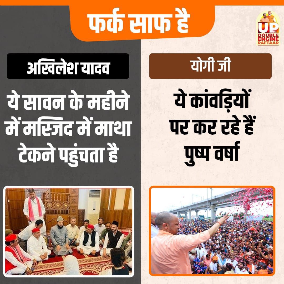 फर्क साफ़ है....

जहाँ एक तरफ पवित्र श्रावण मास में योगी जी कांवड़ियों पर पुष्प वर्षा कर रहे....

वही दूसरी तरफ अखिलेश यादव श्रावण मास में मस्जिद में मत्था टेकने पहुंचते है।

#akhileshyadmulla