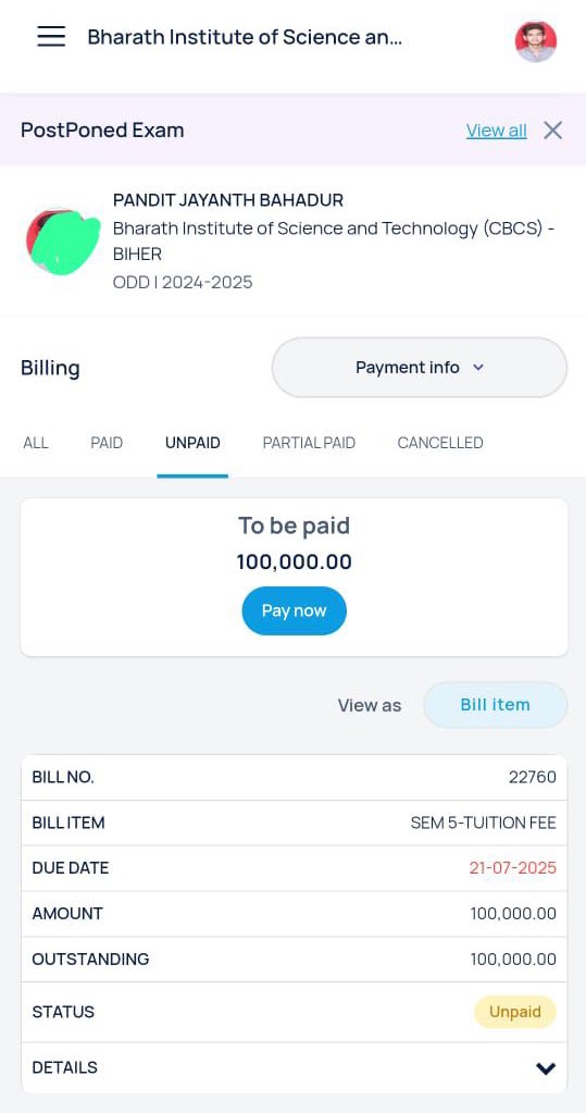 Verified ✅
Pandit Jayanth Bahadur, a student of Bharath Institute of Higher Education &amp; Research (BIHER), is currently going through a tough time.
His father is battling cancer, and the family is struggling to afford his semester fee of Rs. 1,00,000/-

Let’s extend a helping