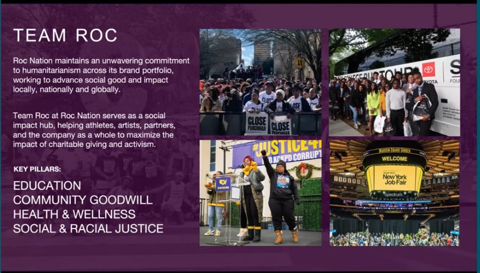 BookOfHova's tweet image. Roc Nation Chairman & CEO Mr Shawn “Jay-Z” Carter & Mrs Desiree Perez cite company statistics of cultural, industry & social impact in meeting w/ the NYC gov’t
• 343B global streams
• 1.82B social audience
• $1B+ touring rev
• $78.5M+ social impact
• 5.1M+ people supported