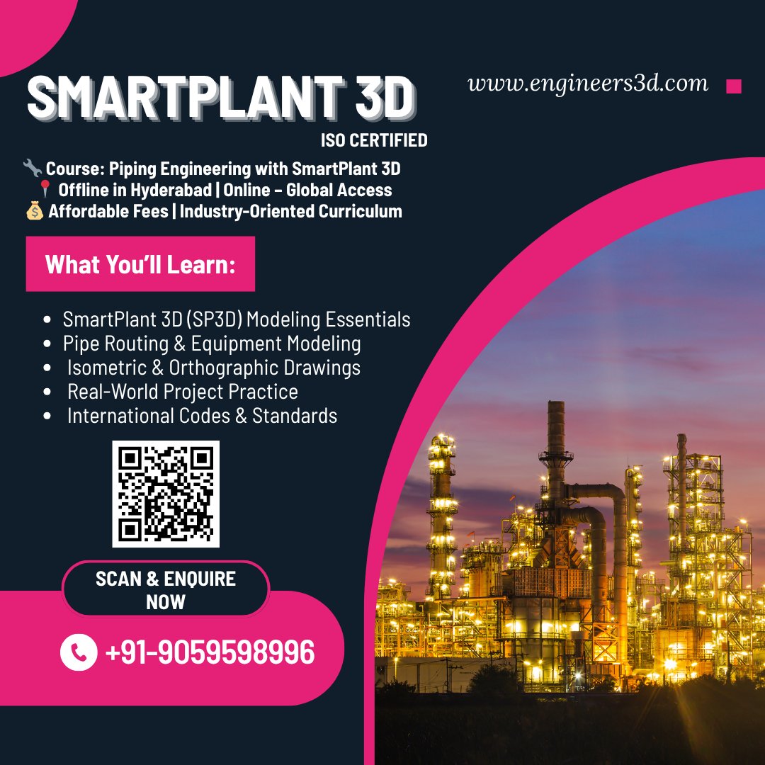 Engineers3d's tweet image. For enquiry click the link - forms.gle/RYuHEBbuMhdC97…
Wanna design pipelines like a pro? Join Engineers3D’s Piping Engineering + SMARTPLANT 3D training! 💻🌍 Online & Offline in Hyderabad. 🔧🔥
#SP3D #PipingEngineering #SmartPlant3D #Engineers3D #HyderabadTraining #OnlineCourse