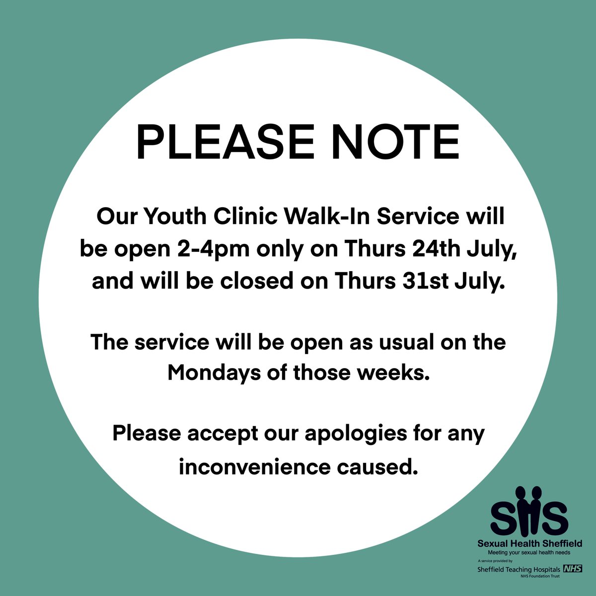 PLEASE NOTE:

Our Youth Clinic Walk-In Service will be closing at the earlier time of 4pm today. The service will be open at the usual time of 2-6pm next Monday.

Please accept our apologies for any inconvenience caused.