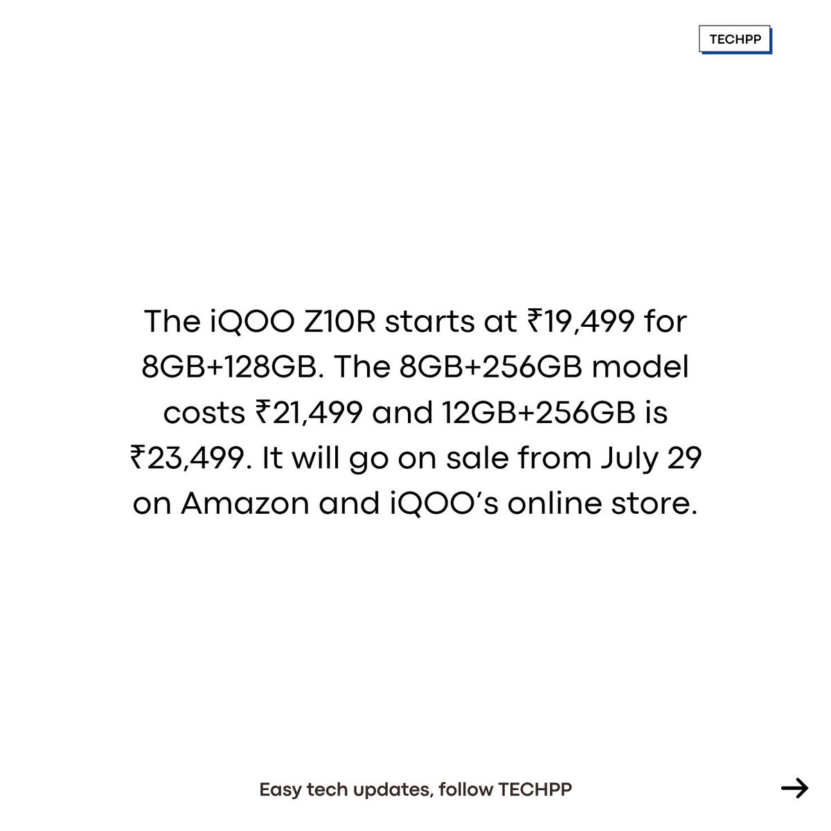 techpp's tweet image. iQOO Z10R launched in India starting at ₹19,499
#iQOOZ10R #iQOOLaunch #Android15 #Dimensity7400