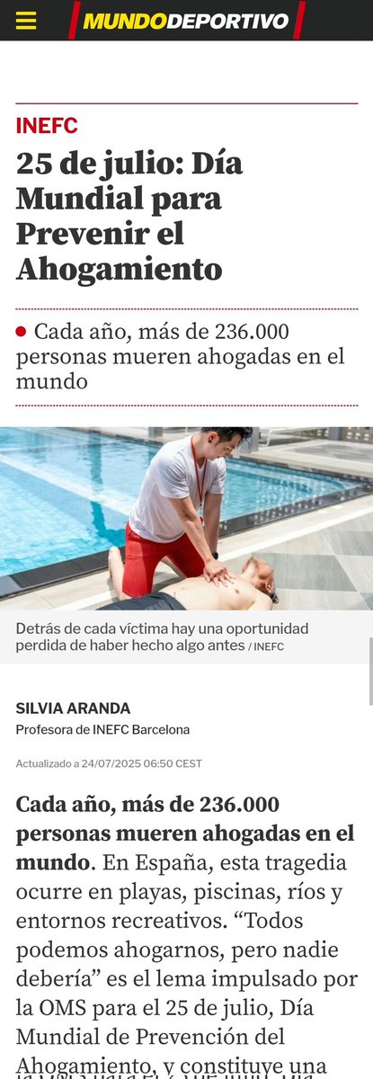 🌊 25 de julio: Día Mundial de Prevención de Ahogamiento 🌊
Tantas muertes al año evitables!
Quieres formar parte del cambio?:
🚨 Aprende a identificar riesgos
🛟 Actúa con responsabilidad cerca del agua
📣 Difunde el mensaje

🔗tuit.cat/mqj0c

#WorldDrowningPrevention