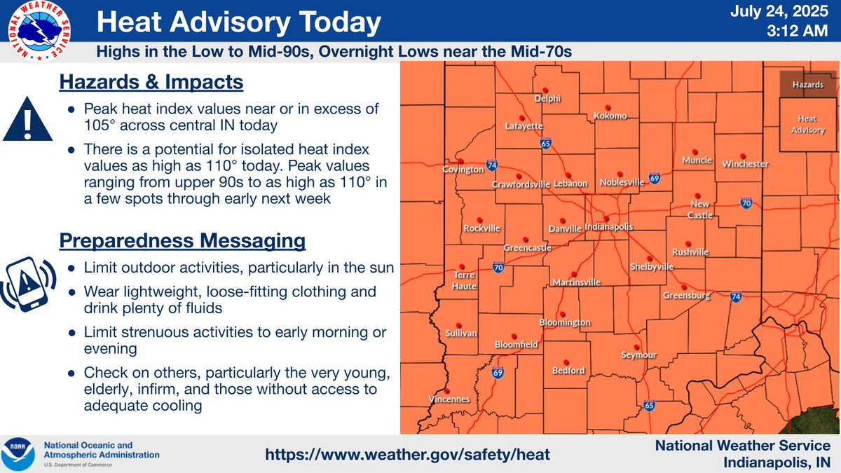 A Heat Advisory is in effect for all of central Indiana and vicinity today with maximum afternoon heat indices near or above 105 degrees.  Peak heat indices ranging from the upper 90s to as high as 110 degrees in some spots will likely continue through early next week. #INwx