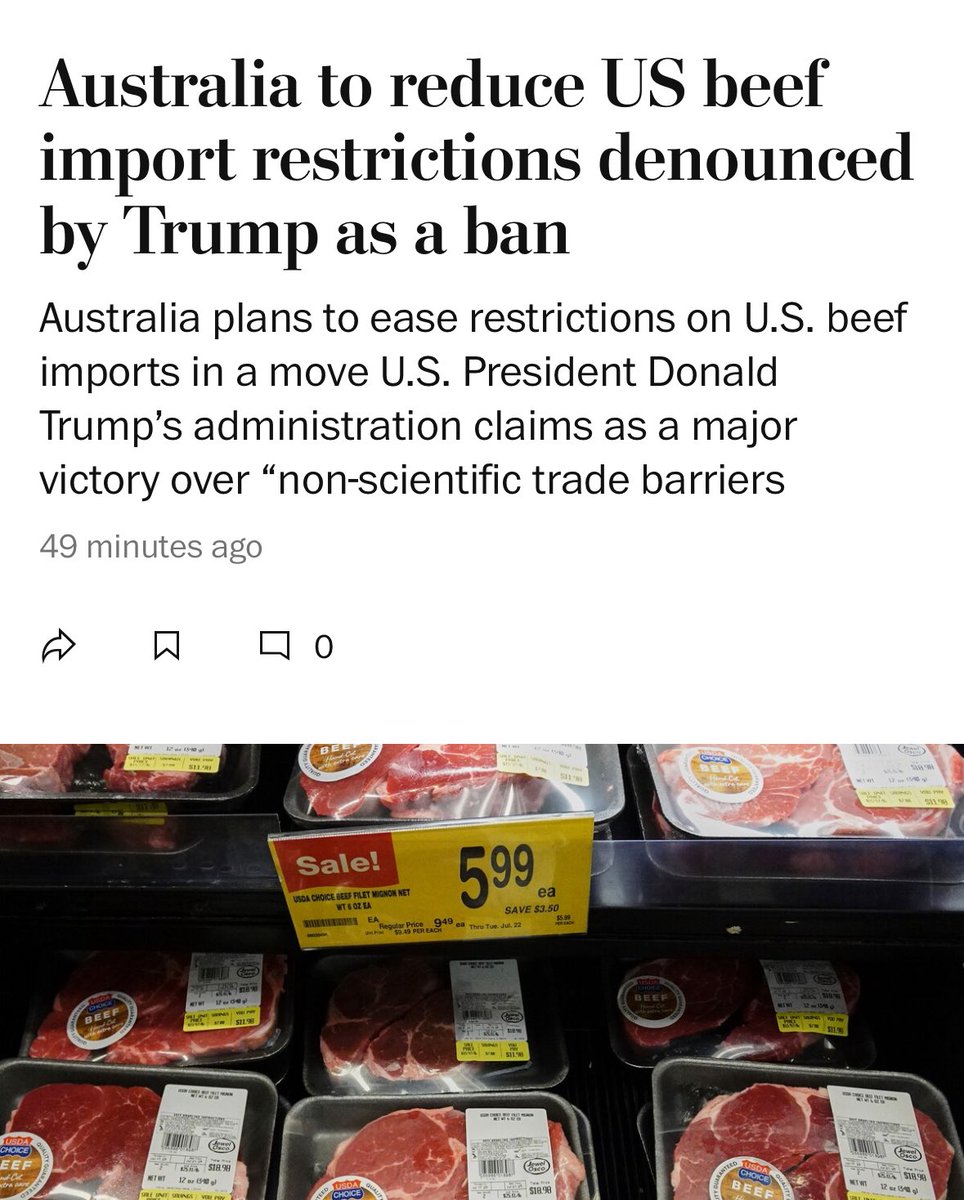 RW2023141's tweet image. Trump shouldn’t celebrate too quickly. Lifting the restrictions on the importation of American beef is one thing, getting Australian consumers to buy it is something else. It will be poorer quality than Aussie beef and probably more expensive. Boycott it - don’t give Trump a win!