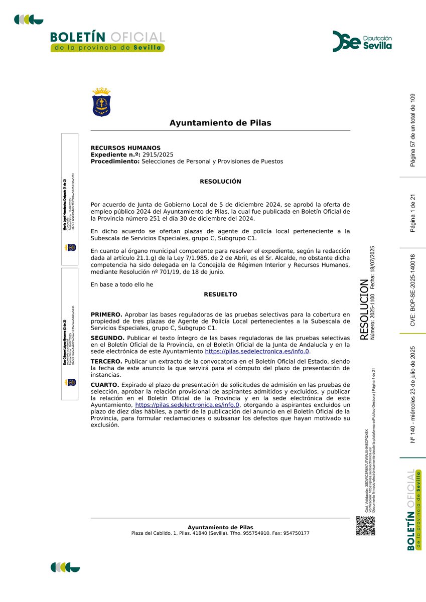 📢 Bases de la convocatoria para la provisión, en turno libre y mediante oposición, de 3⃣ plazas de Policía Local 👮🏻‍♀️👮🏻‍♂️ en el <a href="/AytoPilas/">Ayuntamiento de Pilas</a>.

➕ INFO en el BOP [nº 140 del 23/07/25] 👉🏼 ow.ly/aCYS50Wusgf vía <a href="/DIPUSEVI/">Diputación de Sevilla</a>

🗺️ #PilasEmpleo #EmpleoPúblicoSE #EmpleoSE