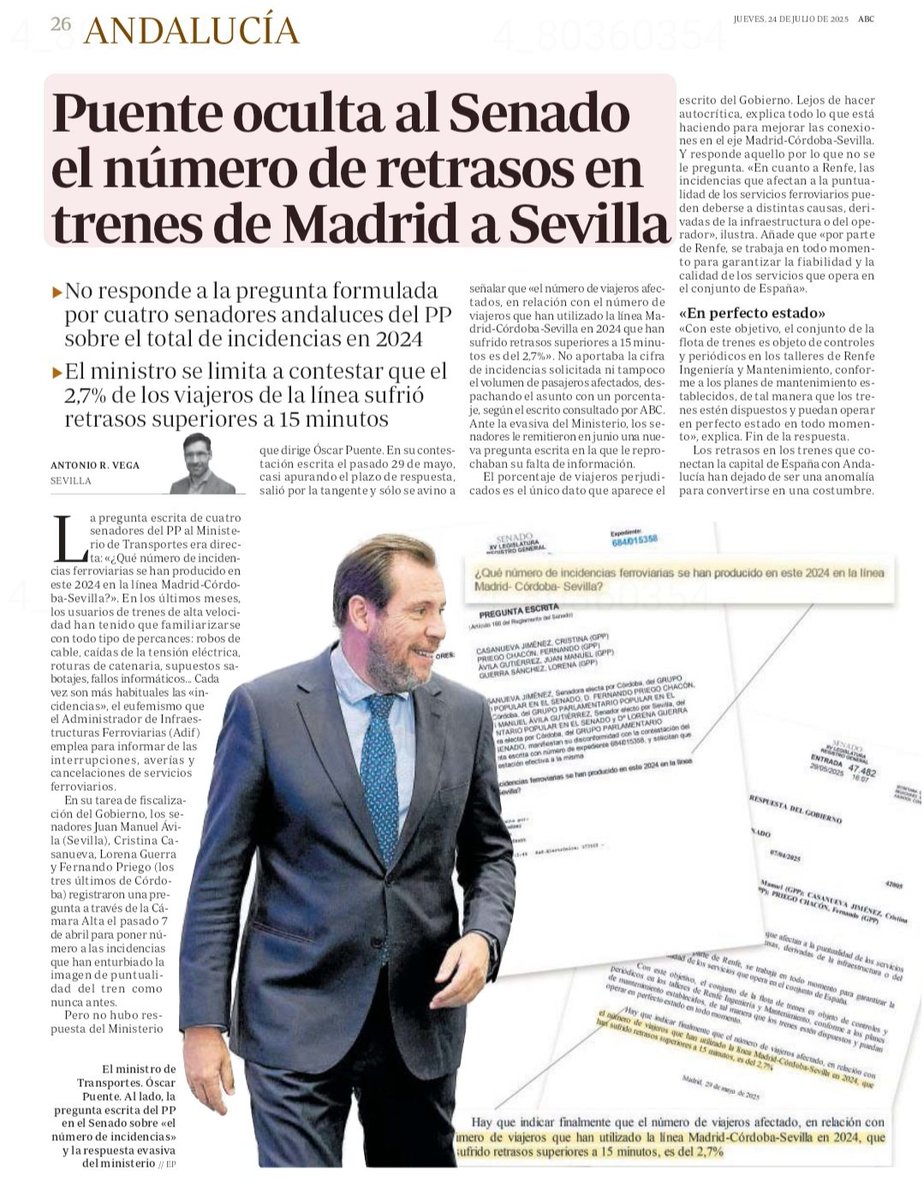 RicardoS2019's tweet image. Bastante cansados
estamos ya los sevillanos de que nos desprecie el gobierno de Sánchez y
Montero.

El ministro Puente nos deja todos los días en las vías del tren, pero miente en el Senado y niega la mayor como si en Andalucía no hubiera problemas con el tren.

#SevillaNoOlvida