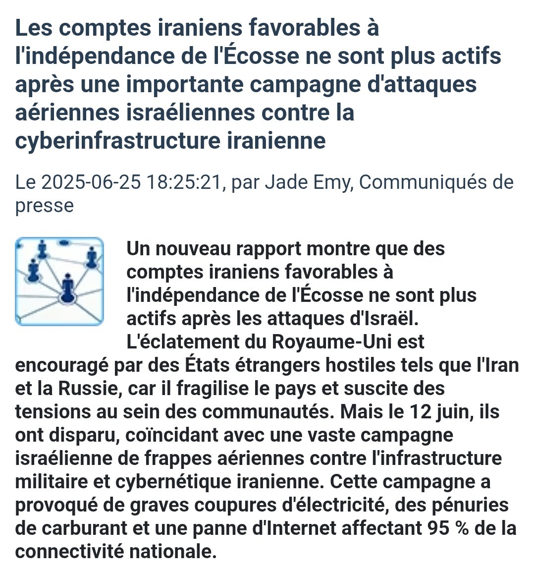 LavissimaB's tweet image. 🚩Un article du très sérieux UK Defence Journal, repris dans la presse spécialisée, révèle que plusieurs comptes iraniens soutenant l’indépendance de l’Écosse sont devenus inactifs suite à des récentes frappes israéliennes ciblant la cyberinfrastructure iranienne. Ces comptes,…