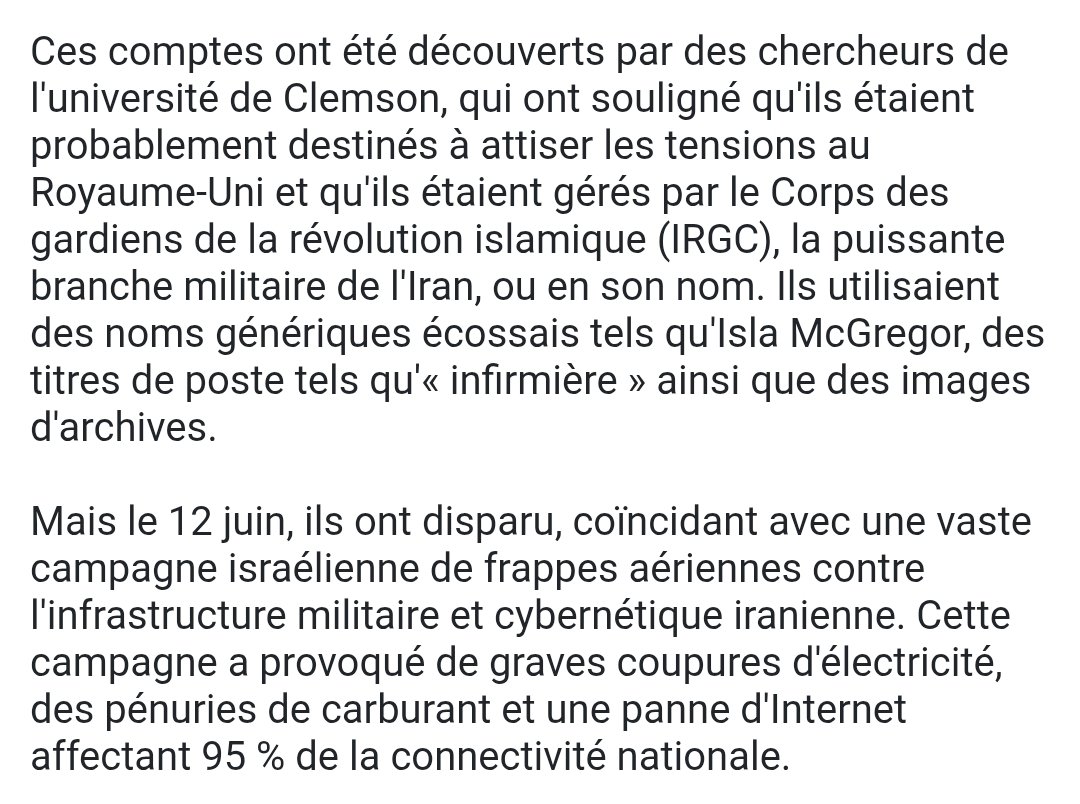 LavissimaB's tweet image. 🚩Un article du très sérieux UK Defence Journal, repris dans la presse spécialisée, révèle que plusieurs comptes iraniens soutenant l’indépendance de l’Écosse sont devenus inactifs suite à des récentes frappes israéliennes ciblant la cyberinfrastructure iranienne. Ces comptes,…