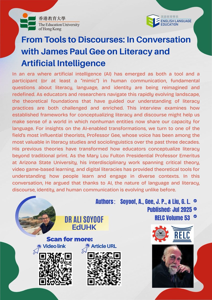 ELE's Open Knowledge Poster (#37)

From Tools to Discourses: In Conversation with James Paul Gee on Literacy and Artificial Intelligence

#EdUHK #poster #education #qualityresearch