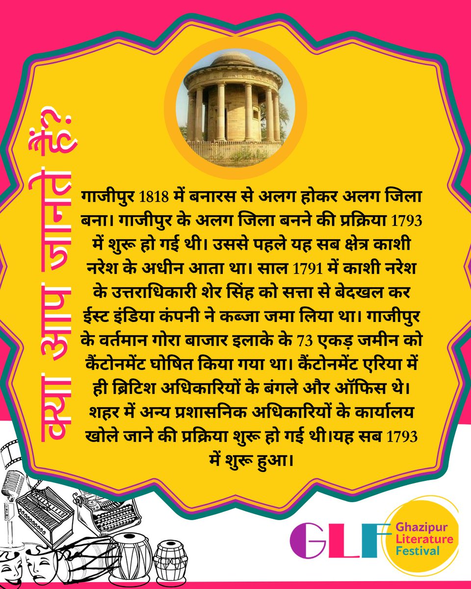 Did you know? 🏛️
Ghazipur became a separate district in 1818, but its roots go back to 1793 when the East India Company took control &amp; declared 73 acres of Gora Bazar as a cantonment.
#GhazipurHistory #GLF2025 #BharatDialogues