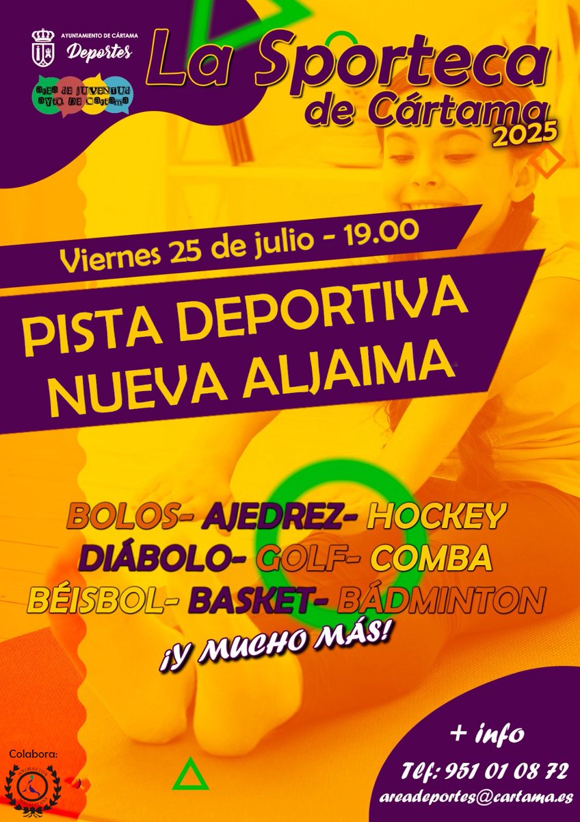 Ayto_Cartama's tweet image. La Sporteca visitará este viernes la barriada de Nueva Aljaima.
El proyecto tiene como objetivo promover la práctica del ejercicio físico a través del préstamo de material deportivo en los parques del municipio.
#Cártama #Deportes #verano2025 #juventud