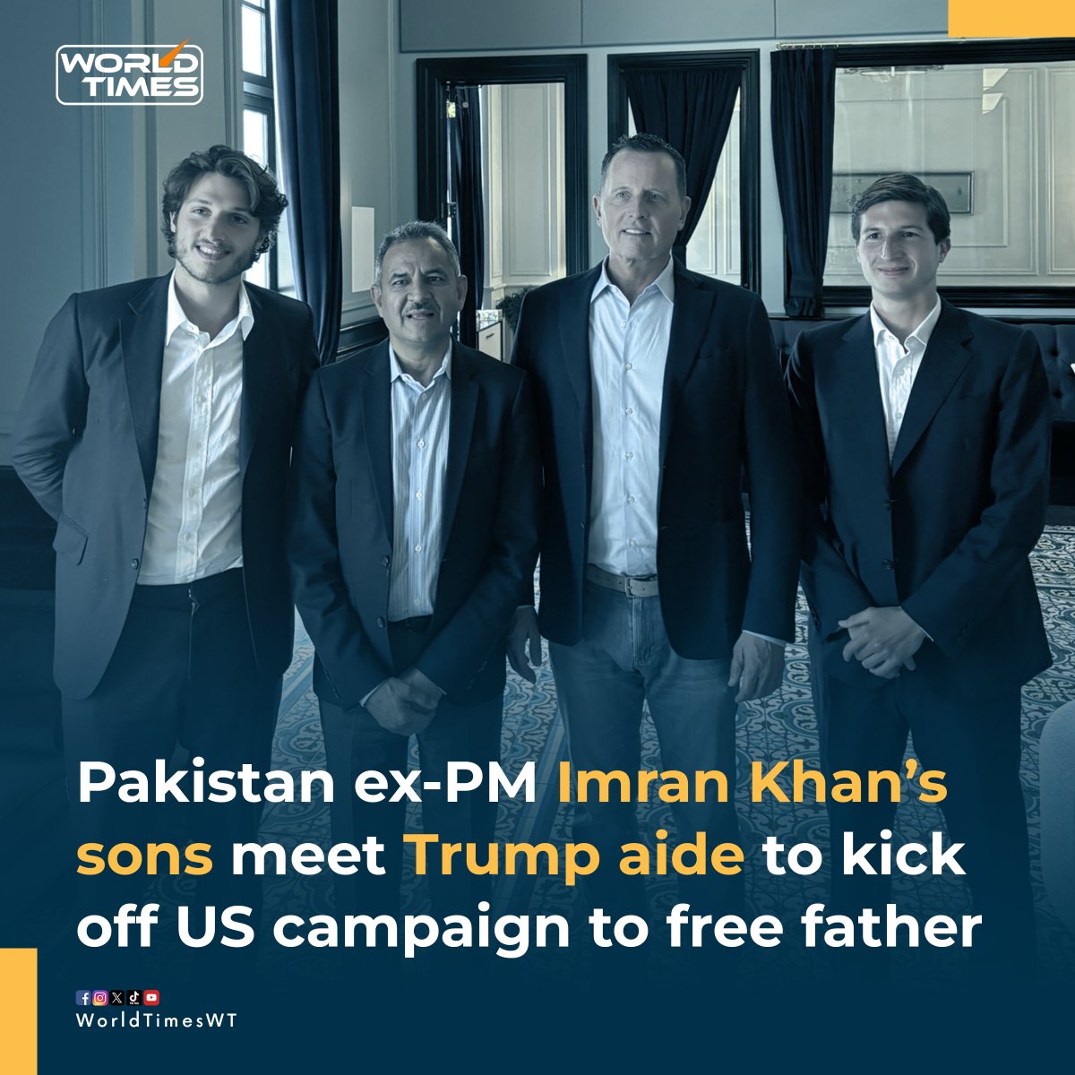 Pakistan former Prime Minister and PTI founder Imran Khan’s sons met with United States President Donald Trump’s key aide Richard Grenell on Tuesday as they kicked off a campaign calling for their father’s release from prison.
