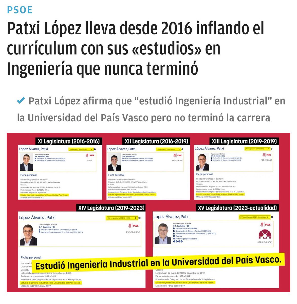 ricardo_calle_'s tweet image. Son las 09:26 y siguen sin dimitir:
Pedro Sánchez por plagiar su tesis doctoral.
Óscar Puente por pasar por máster lo que era un cursillo.
Yolanda Díaz por publicar 3 máster que no tenía.
Patxi López, por inflar su currículum con sus “estudios” en Ingeniería que nunca terminó.