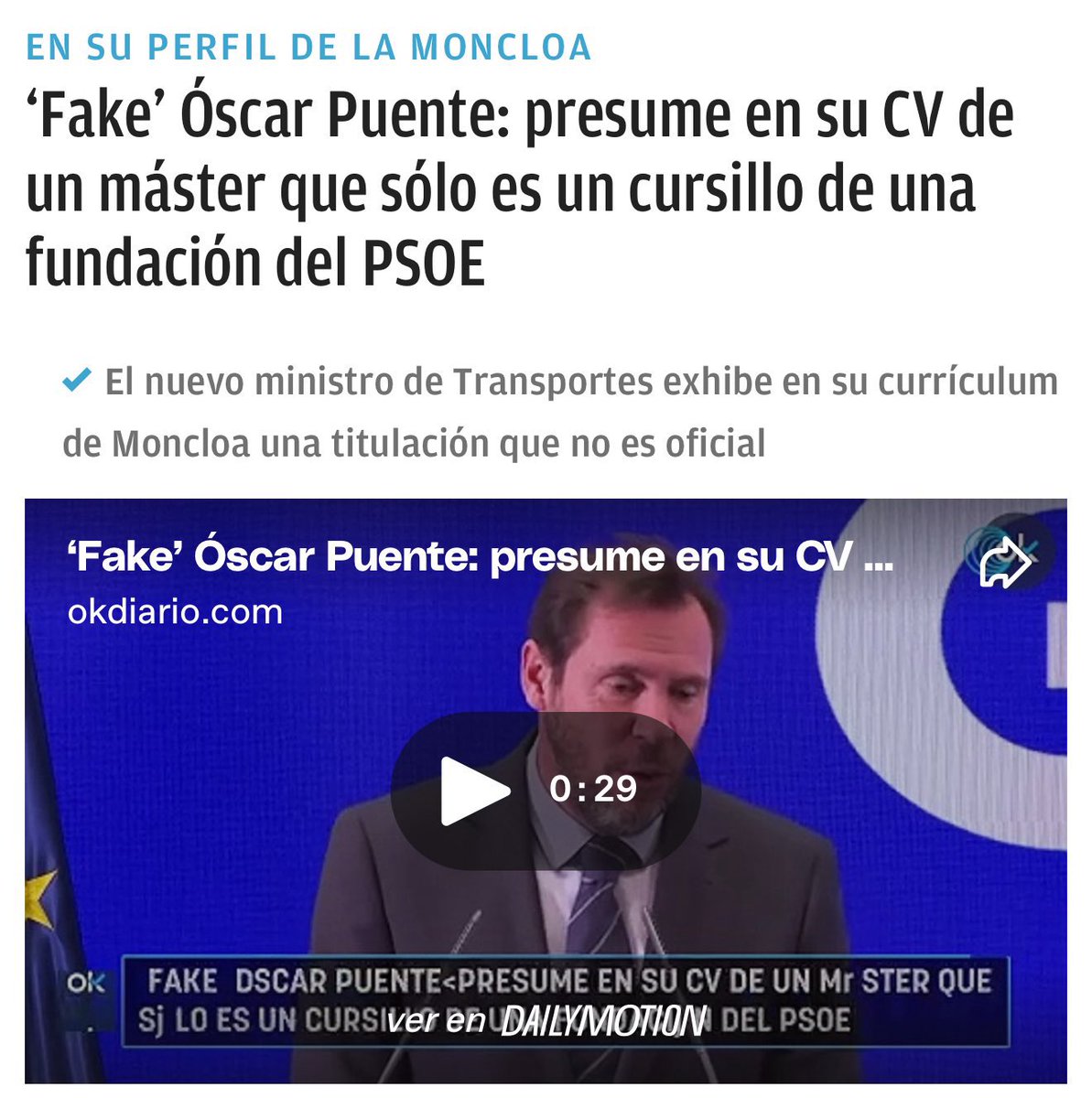 ricardo_calle_'s tweet image. Son las 09:26 y siguen sin dimitir:
Pedro Sánchez por plagiar su tesis doctoral.
Óscar Puente por pasar por máster lo que era un cursillo.
Yolanda Díaz por publicar 3 máster que no tenía.
Patxi López, por inflar su currículum con sus “estudios” en Ingeniería que nunca terminó.