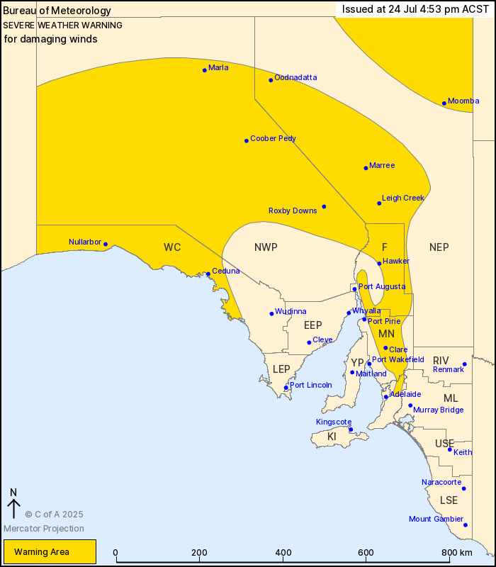 .<a href="/BOM_SA/">Bureau of Meteorology, South Australia</a> has updated a Severe Weather Warning ⚠️ for DAMAGING WINDS 💨 West Coast, Flinders, NW Pastoral, Mount Lofty Ranges, Mid North, NE Pastoral districts

Issued 4:53pm 24 July 2025
bom.gov.au/products/IDS21…