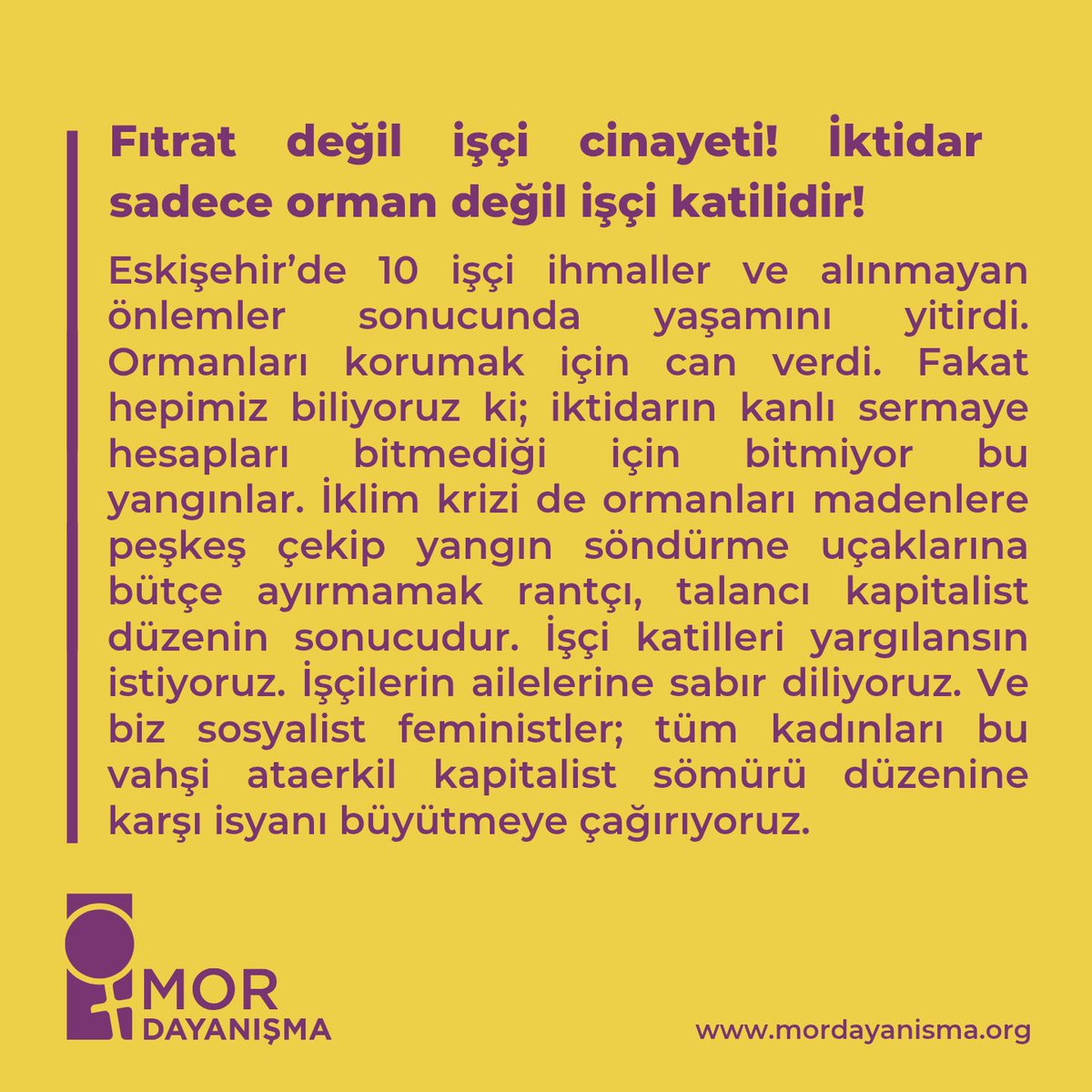 mor_dayanisma's tweet image. Fıtrat değil işçi cinayeti!
İktidar sadece orman değil ayrıca işçi katilidir!
Eskişehir’de 10 işçinin ihmaller ve alınmayan önlemler sonucunda hayatını kaybetmesine dair açıklamamız 👇
#ormanyangını
#Eskişehir