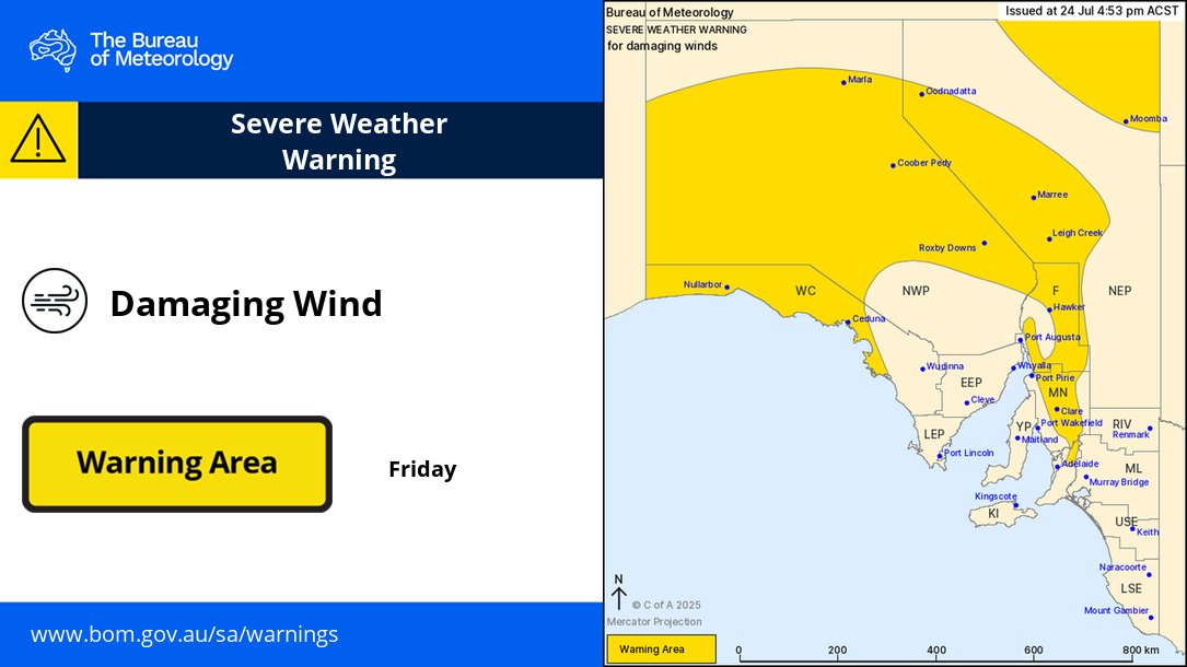 ⚠️🌬️ 4:53pm: Severe Weather Warning for damaging #winds for the West Coast, Flinders, North West Pastoral, Mount Lofty Ranges, Mid North and North East Pastoral districts.

A deep low pressure system will bring windy conditions across the state on Friday.

bom.gov.au/products/IDS21…
