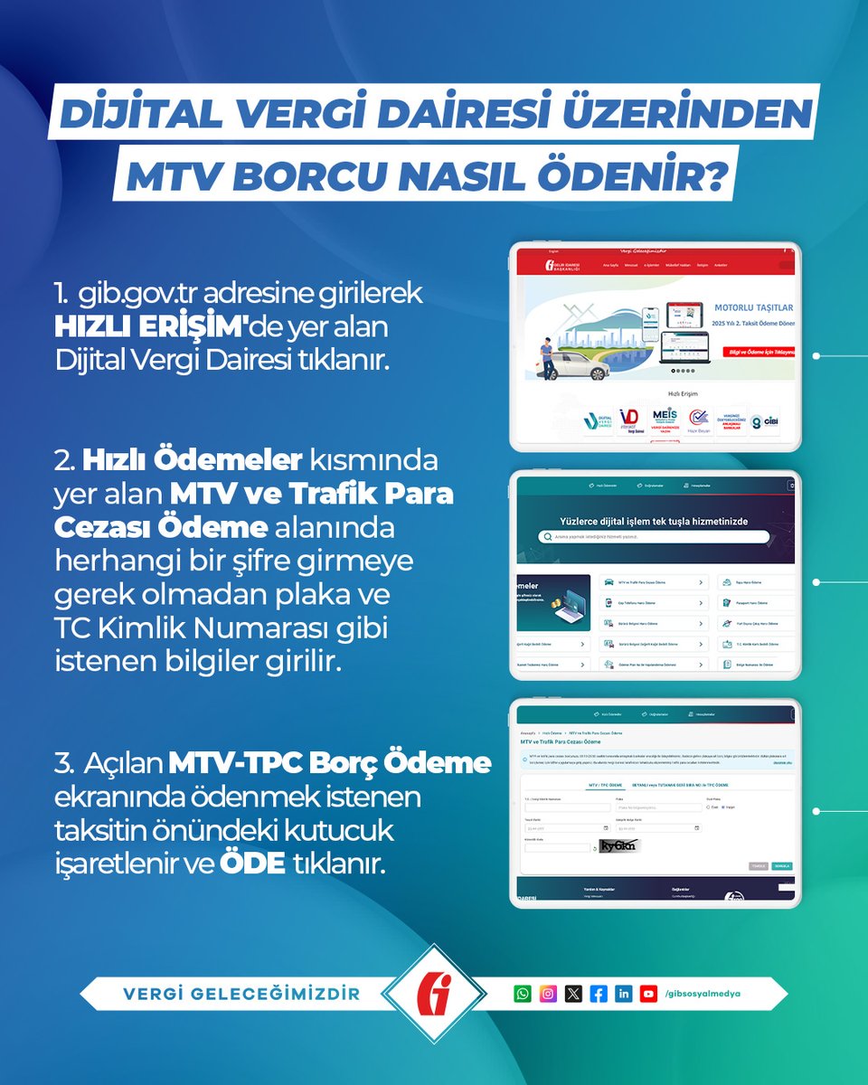 #Hatırlatma 📌 2025 yılına ait Motorlu Taşıtlar Vergisi 2'nci taksit ödemesi için son gün 31 Temmuz 2025.

Ödemelerinizi Dijital Vergi Dairesi'nden veya GİB Mobil uygulamasından yapabilirsiniz.

dijital.gib.gov.tr

#GİB #VergiGeleceğimizdir