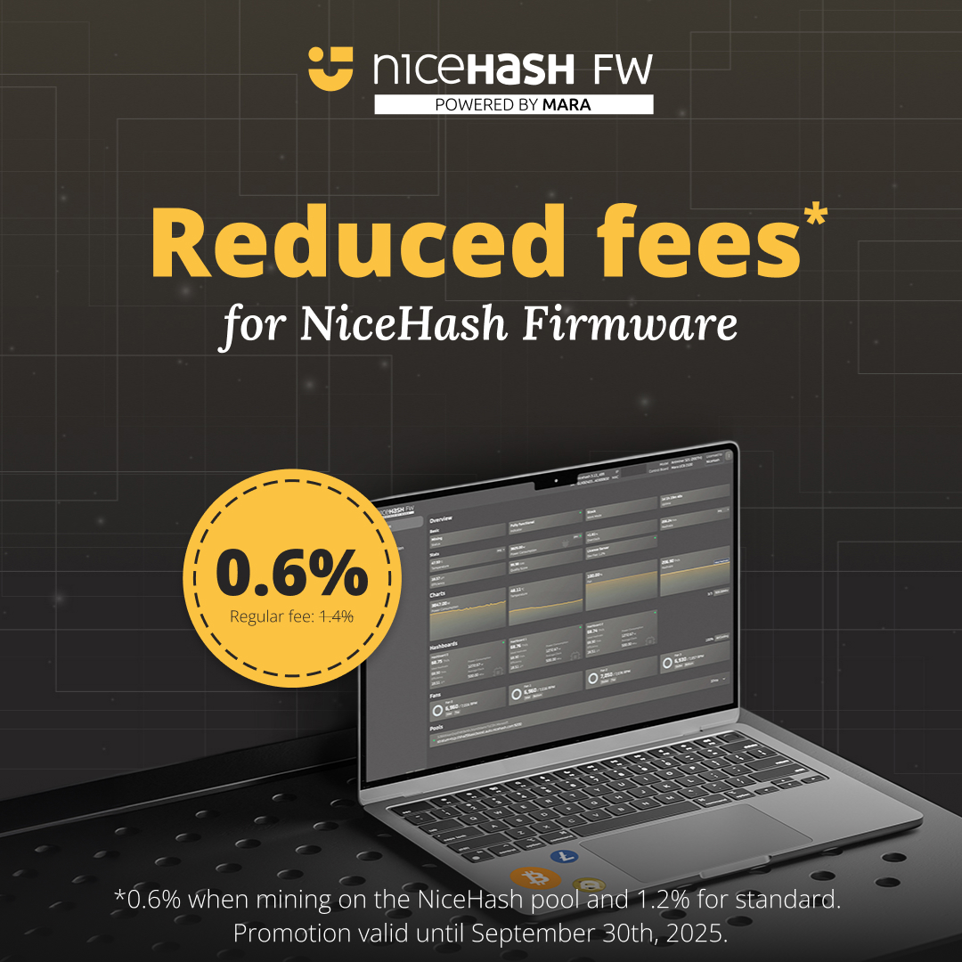 Lower fees + better performance = more profit! 🔥

Upgrade your machines with custom ASIC NiceHash Firmware, powered by <a href="/MARA/">MARA</a> NOW with the limited-time low fees. 

✅Only a 0.6% fee when using NiceHash pool and 1.2% on third-party pools

✅Up to 20% better performance