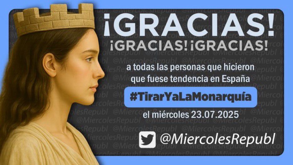 ComMadridMR's tweet image. Gracias a la toda la gente republicana que nos acompañó ayer miércoles 23/07/2025 tuiteando el hashtag de #TirarYaLaMonarquía❤️💛💜 con el que llegamos a ser tendencia una semana más

Por la República tuiteamos cada miércoles a las 19 h (18 h en Canarias) ✊
#FelizJueves ❤️💛💜
