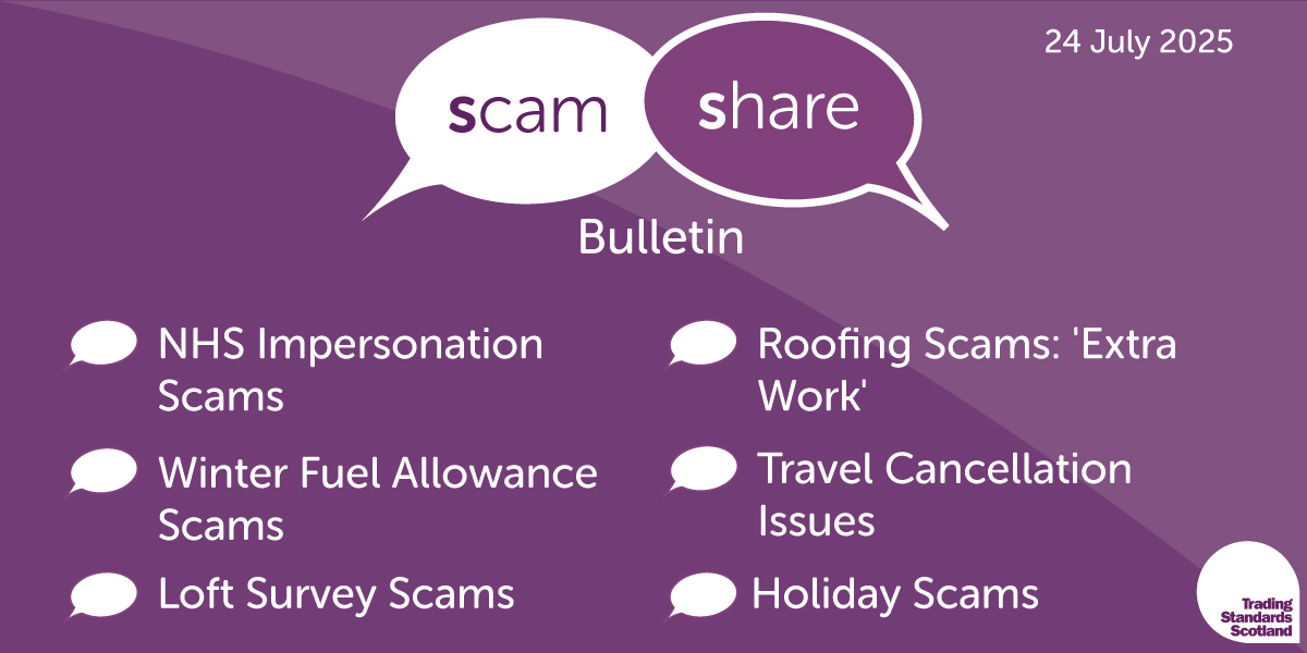 TSScot's tweet image. In this week's #ScamShare bulletin:
🗨️NHS Impersonation Scams
🗨️Winter Fuel Allowance Scams
🗨️Loft Survey Scams
🗨️Roofing Scams: 'Extra Work'
🗨️Holiday Booking Scams
🗨️Travel Cancellation Issues
Please read & share ➡️ mailchi.mp/66f69a00eb1b/t…
