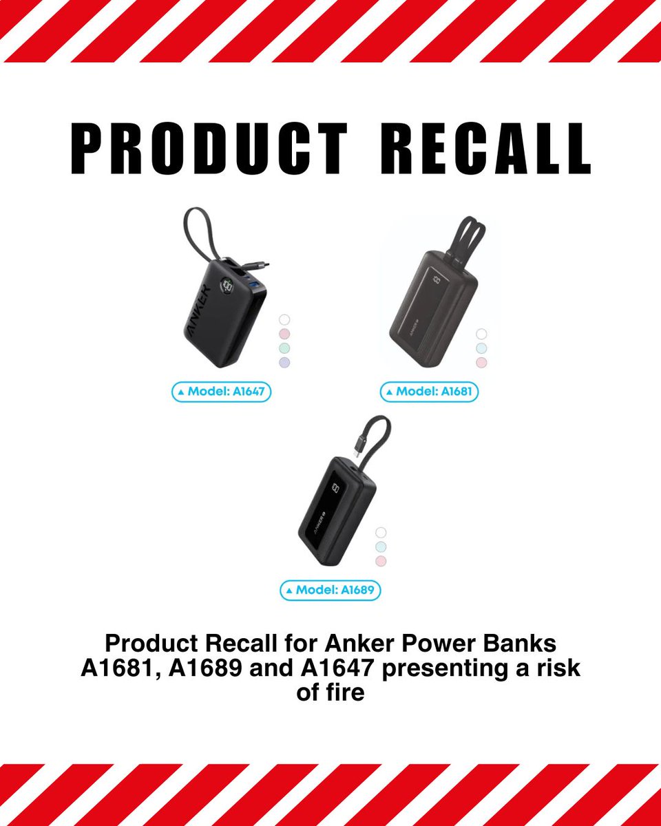 Product Recall for Anker Power Banks A1681, A1689 and A1647. The product presents a medium risk of fire as the lithium-ion batteries can overheat whilst in use. This can lead to localised smoking, melting and/or a risk of fire.

anker.com/uk/rc2506