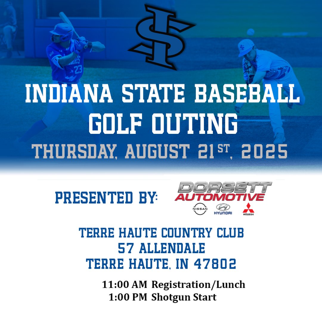 Join us for the Indiana State Baseball Golf Outing on Thursday, August 21, 2025 at the Terre Haute Country Club! 

Sponsorships and individual spots are available now.

🏌️‍♂️ Register or sponsor today! 
crossroadofchampions.com/events/2025-in… 

#SycamoreBaseball #CrossroadOfChampions