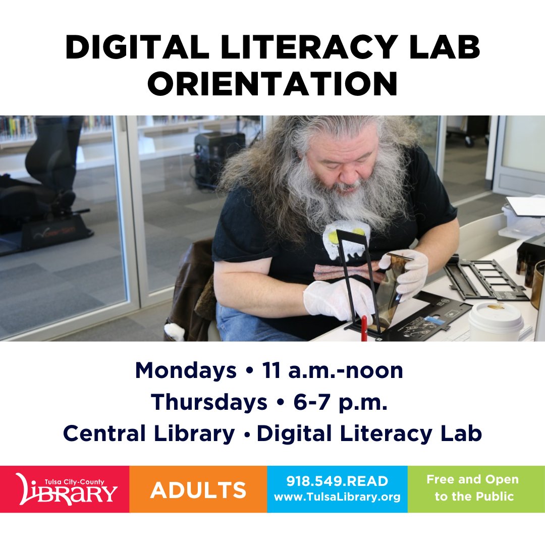 tulsalibrary's tweet image. Want to learn more about the Digital Literacy Lab? Come and see what it's all about! Orientation is required before independent use of the lab.