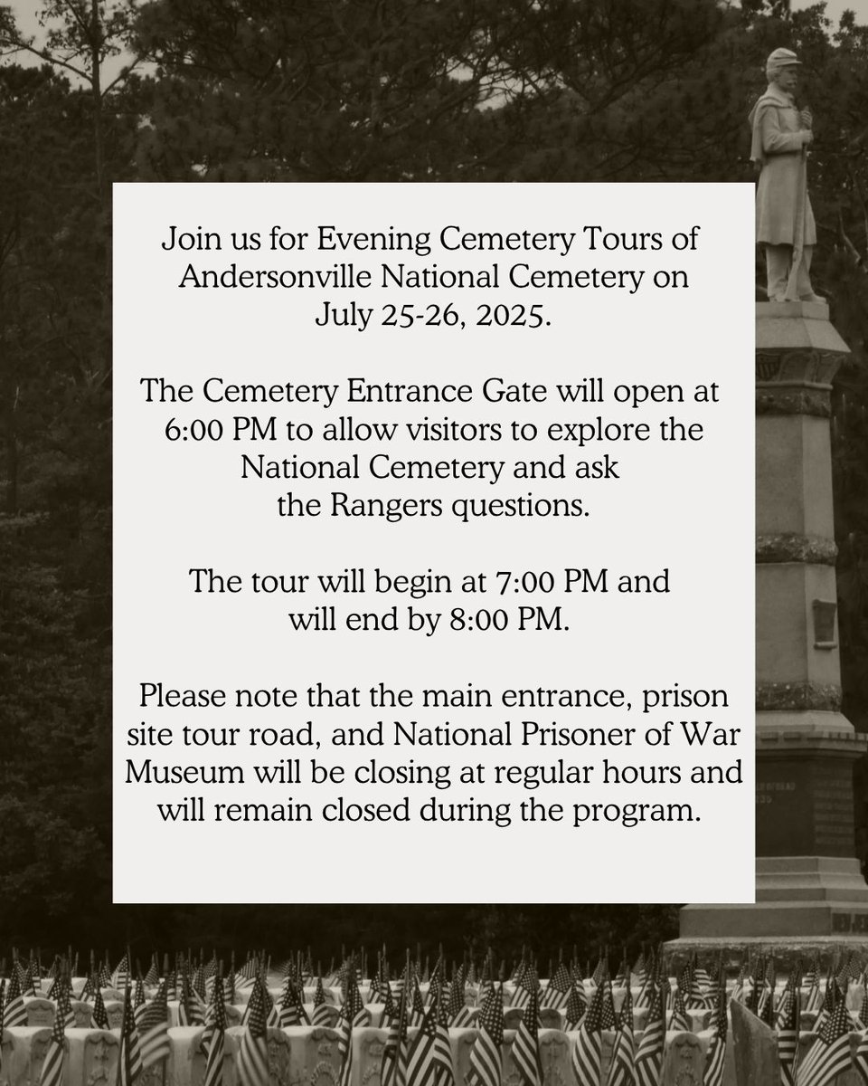 Join us tomorrow &amp; Saturday for Evening Cemetery Tours at Andersonville National Cemetery! Gates open 6 PM, tours at 7 PM. 

#ANDE #NPS #EveningTours #ExploreHistory #AndersonvilleHistory