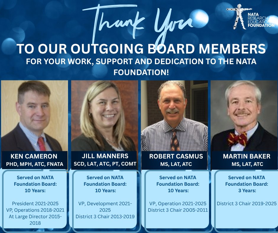 NATAFoundation's tweet image. A heartfelt thank you to our outgoing NATA Foundation Board members! Your leadership and service have made a lasting impact on the athletic training profession. 💙
Learn more about our board: natafoundation.org/who-we-are/boa…
#NATAFoundation #ThankYou #AthleticTraining #Leadership