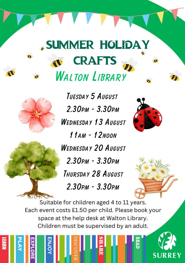 WaltonLibrary's tweet image. Exciting news! We have lots of Summer craft events @WaltonLibrary. Costs £1.50 per child. Suitable for children aged 4 to 11 years old. Please book your space at the help desk. Children must be supervised by an adult. Don’t miss out! #LoveLibraries #Events #SurreyLibraries🌼