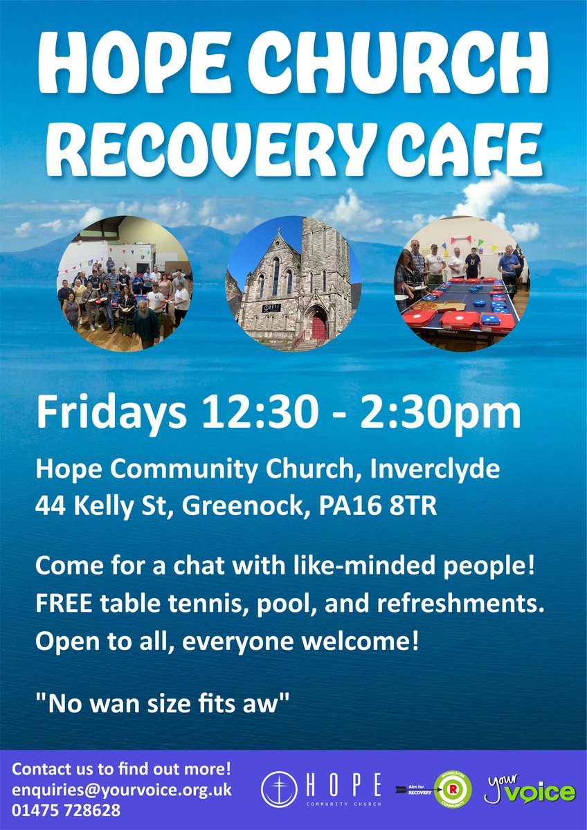 YourVoiceInver's tweet image. Stop by our Recovery Café on Fridays! We hope to see you there 😊
Fridays, 12:30pm - 2:30pm
Hope Community Church
44 Kelly St, Greenock, PA16 8TR
Come for a chat with like-minded people! FREE table tennis, pool, & refreshments ❤️
yourvoice.org.uk/recovery
#recovery