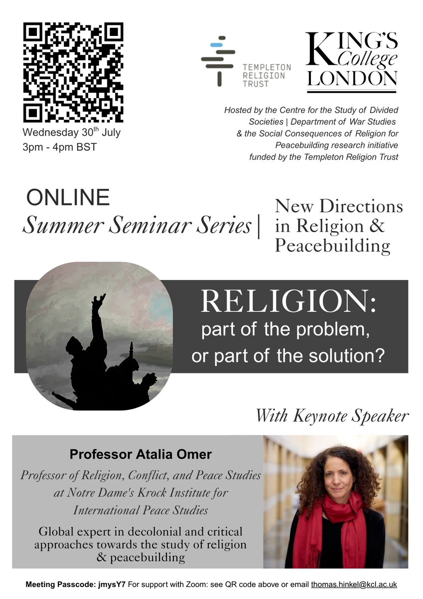 warstudies's tweet image. Is religion part of the problem, or part of the solution?

Join Prof Atalia Omer, global expert in peace studies, for a keynote on religion’s role in peacebuilding.

📅30 July | 🕘15:00 | 💻Online

⬇️ See below and scan the QR code for joining details