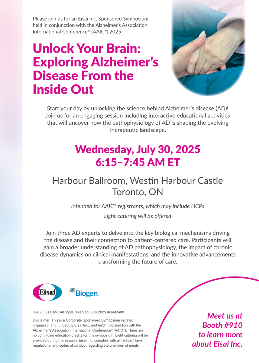 eisaiusneuro's tweet image. You’re invited to discover how unraveling Alzheimer’s pathophysiology is changing the future of disease management. Join us Wednesday, July 30, 6:30-7:45 AM ET at the Westin Harbour Castle Frotenac Ballroom.
#AAIC2025 #AlzheimersDisease #neurology