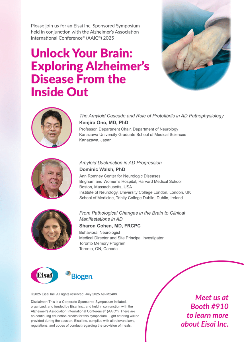eisaiusneuro's tweet image. You’re invited to discover how unraveling Alzheimer’s pathophysiology is changing the future of disease management. Join us Wednesday, July 30, 6:30-7:45 AM ET at the Westin Harbour Castle Frotenac Ballroom.
#AAIC2025 #AlzheimersDisease #neurology